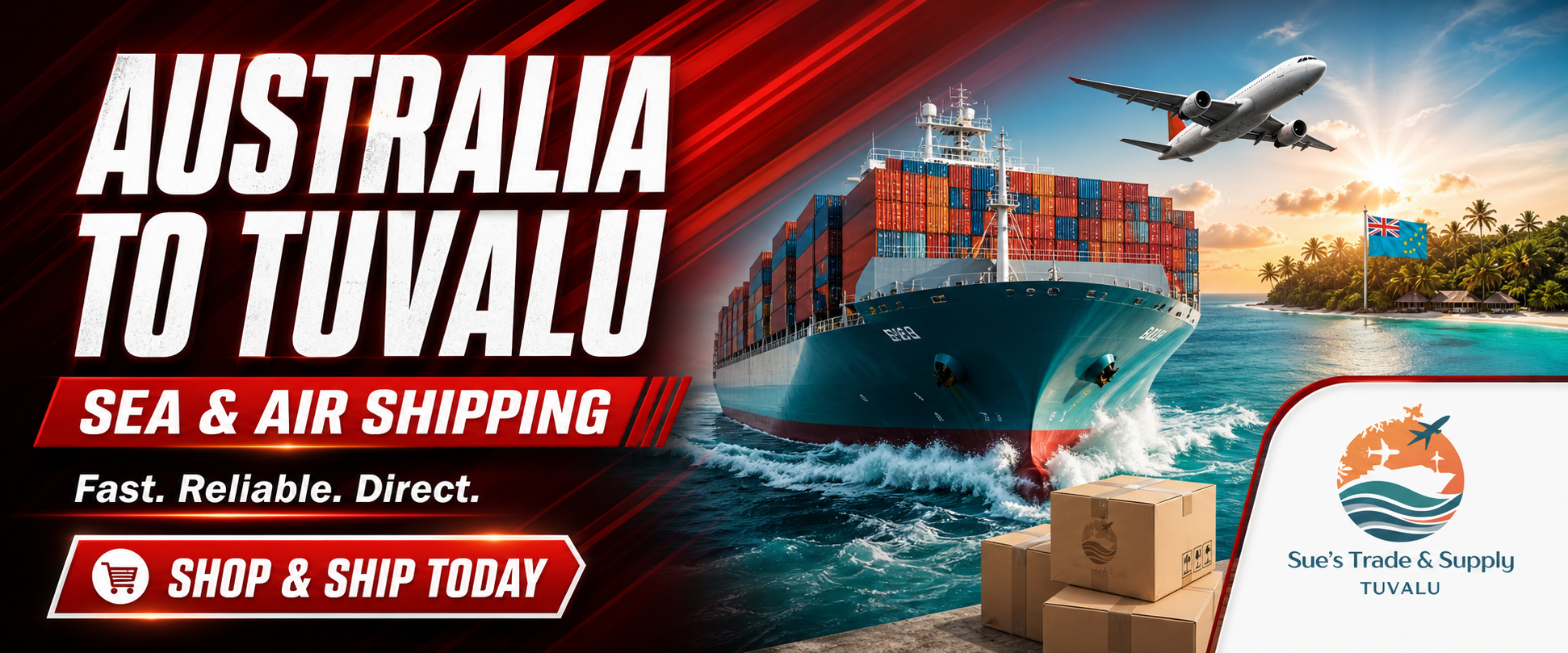 Cargo ship loaded with shipping containers departing for Tuvalu